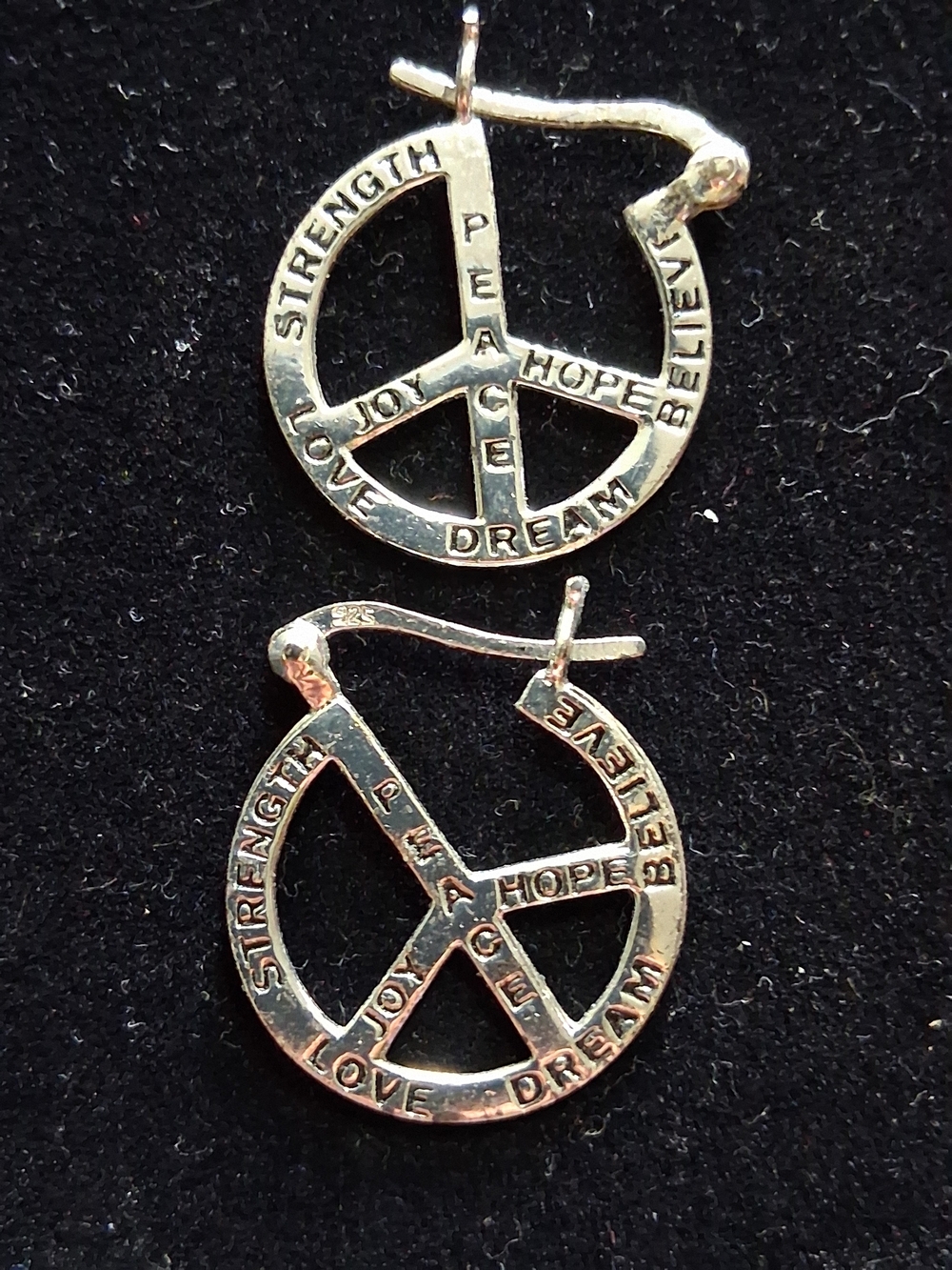 925 Sterling Silver Peace Sign Hoop Earrings - Inspirational Manifestation Word